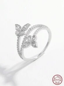 925 Sterling Silver Cubic Zirconia Paved 1pc Lovely, Gorgeous, Natural, Elegant & Fashionable Double Butterflies Design Ring For Women Perfect Decoration For Daily Life, Birthdays, Parties, Travels & Dates - Silver - View 2