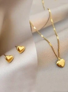 2pcs/Set Elegant Fashion Heart Pendant Necklace And Earrings Jewelry Set, Birthday Gift, Valentine's Day Gift For Women - Yellow Gold - View 1
