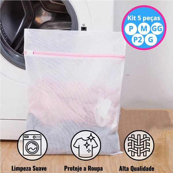 Kit com 5 Sacos para lavar roupas (P, P2, M, G, GG) para Lavar Roupa