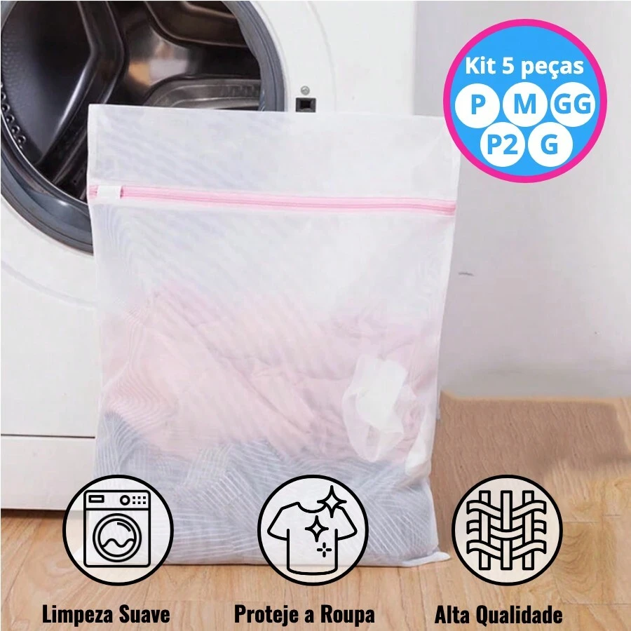 Kit com 5 Sacos para lavar roupas (P, P2, M, G, GG) para Lavar Roupa