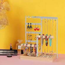 1個5層耳環展示架,配有木質基座和戒指托盤,珠寶組織架,金屬6鉤頸鍊掛式儲物塔,白色桌面珠寶橫架,適用於手鐲,手錶和穿孔,白色 - 白色 - 查看 4