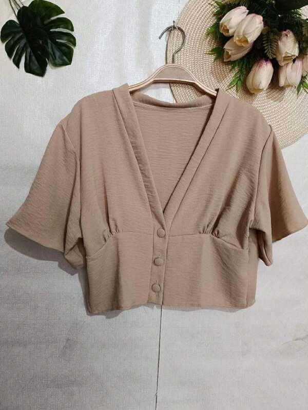 Blusa  Feminina Tecido Duna Camisa  mangao  curta  com botoes