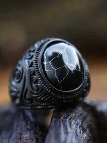1pc Vintage European And American Style Alloy Ring With Black Turquoise & White Cracks For Men, Suitable For Daily Wear - Black - View 12