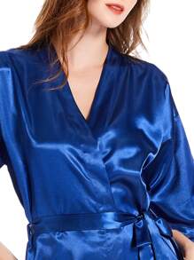 1 件女士優雅新娘伴娘緞面和服長袍帶字母印花 - 藍色 - 查看 4