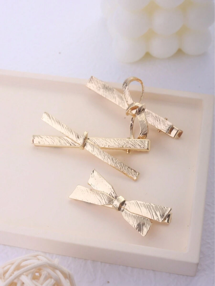 3pcs Gold Metallic Minimalist Bowknot Design Alligator Clips With Flat Tip - Gold - View 1