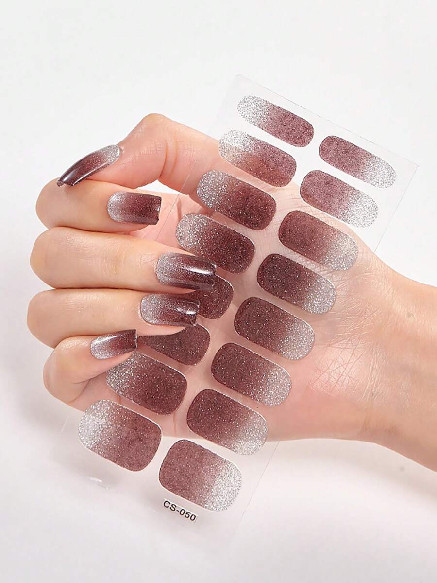 16 件/套 1 张全覆盖指甲油贴纸指甲贴自粘凝胶指甲贴花，适合家庭、女性、女孩、DIY 指甲装饰（渐变风格） - 咖啡棕 - 查看 1