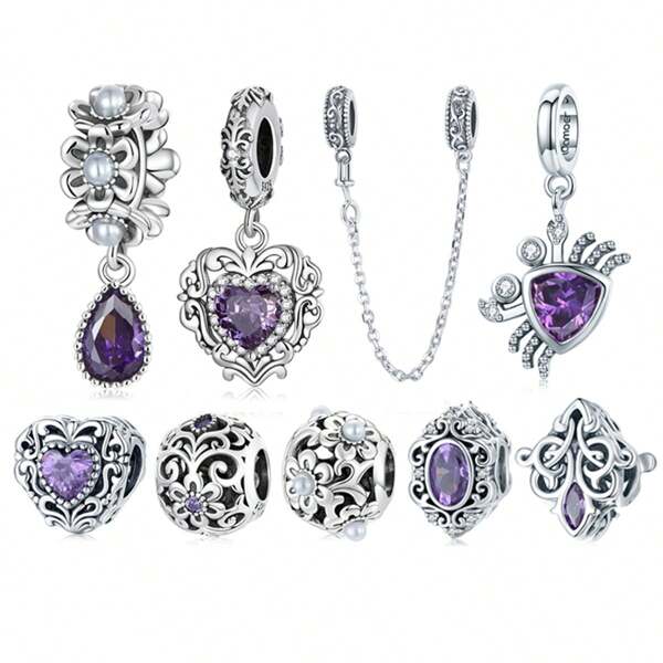 bamoer 1 PC 925 Sterling Silver Purple Shining Stone Collection Charms Love Drop Pendant fit for Charm Bracelet Vintage Pattern Beads