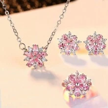 一套奢华立方氧化锆樱花耳环、戒指、吊坠项链，女士不锈钢首饰套装，生日订婚礼物 - 粉色 - 查看 1