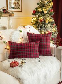 1pc Red Plaid Polyester Throw Pillow Cover, Vintage Christmas Style Sofa Cushion Cover Suitable For Christmas, Thanksgiving, New Year, Living Room, Dining Room - Red - View 3