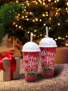 1pc Red Christmas Ice Cream Cone Lid Straw Cup - Red Christmas English model - View 2