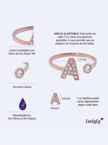 LuckyLy Adjustable Letter Initial Women's Rings, Stainless Steel With 18k Rose Gold Plated And Cubic Zirconia, Layla Model