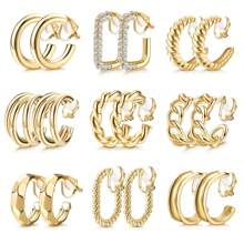 Yanxyad 9 Pairs Gold Clip-On Earrings, Vintage Clip-On Earrings For Women, Twisted Triple-Crystal Square Hoop Earrings, Geometric Clip-On Earrings, Clip-On Fake Earrings Without Piercing - Gold - View 1
