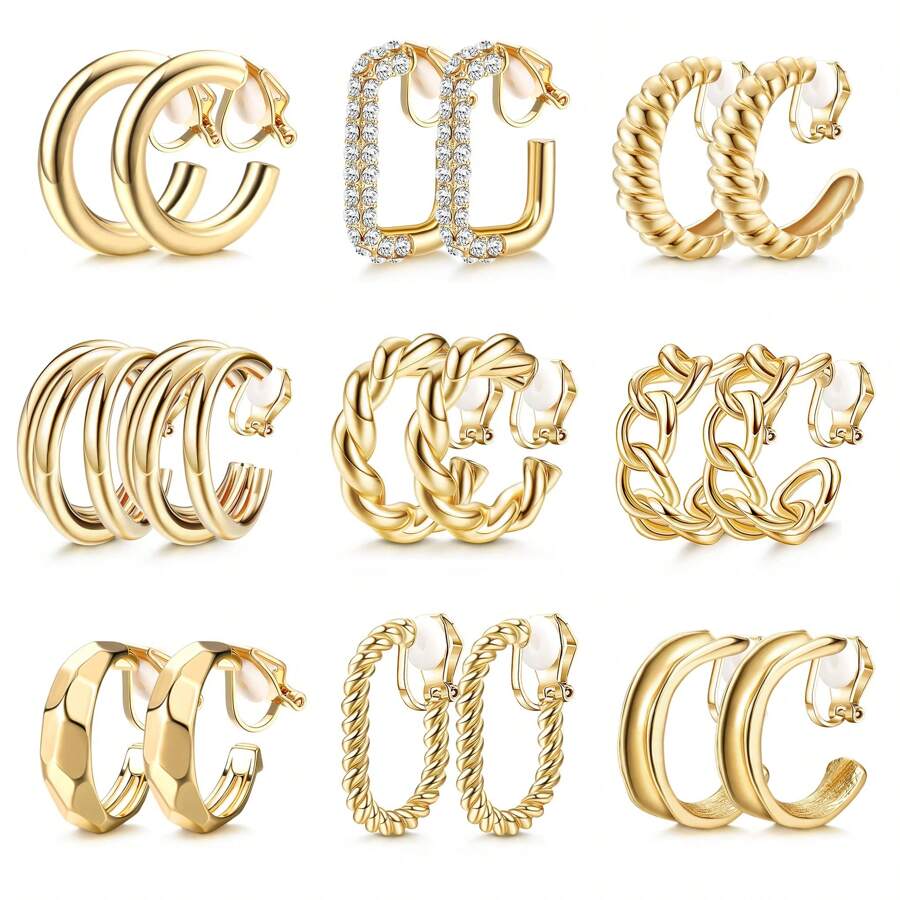 Yanxyad 9 Pairs Gold Clip-On Earrings, Vintage Clip-On Earrings For Women, Twisted Triple-Crystal Square Hoop Earrings, Geometric Clip-On Earrings, Clip-On Fake Earrings Without Piercing - Gold - View 1