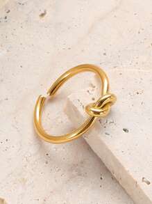 1 Pieza Elegante Anillo Abierto De Acero Inoxidable Con Diseño De Nudo - Amarillo Oro - Ver 4