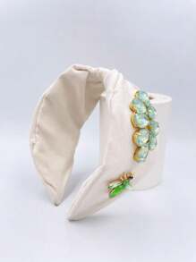 1pc Ladies' Beige & Green Rhinestone Decor Bee Shaped Fabric Headband, Suitable For Daily Use - Beige - View 5