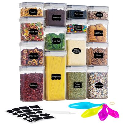 Juego de 15 recipientes herméticos para almacenamiento de alimentos con tapas para organización de despensa de cocina, botes de plástico para alimentos secos, incluye 24 etiquetas y juego de cucharas/15 Contenedores herméticos libres de BPA, recipientes para transportar, almacenar y organizar alimentos, incluye 24 etiquetas impermeables, marcador blanco juego de cucharas y juego de tazas medidoras, aptos para microondas, lavavajillas y nevera