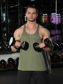 男士運動紗袖無袖y字背健身背心,快乾及肌肉網紋設計,適用於休閒日常訓練、跑步等運動。運動服男基礎款t恤 - 軍綠色 - 查看 6