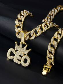 1套男女個性化13mm嘻哈風格王冠形項鍊項鍊和手鍊組合,鑲有鑽石的ceo字母設計,厚實大膽的金色鍊條街頭鑽石裝飾,適用於萬聖節,聖誕節,感恩節,禮物 - 金黃色 - 查看 5