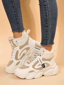 女士休閒運動鞋,拼色厚底粗款運動鞋,保暖絨布內裡,防滑跑步鞋 - 卡其色 - 查看 3