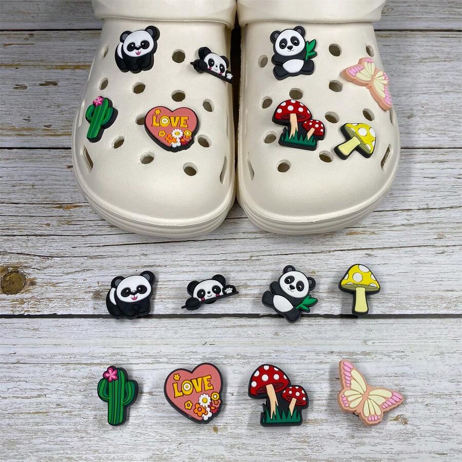 1組/套熊貓動物圖案鞋扣(共8個),適用於clogs,男女皆可,適合個性化diy裝飾