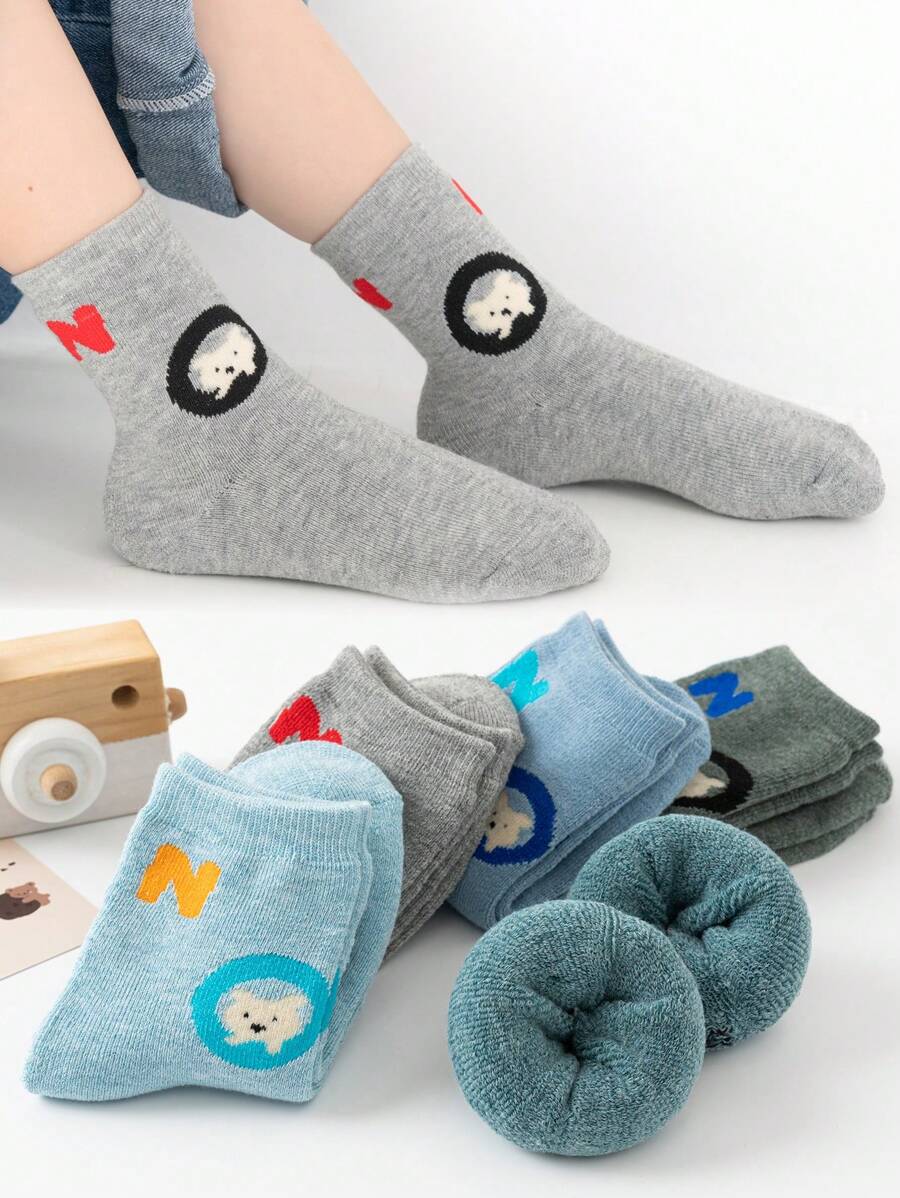 5 双幼儿男童厚袜子，可爱熊和字母印花，绿色、蓝色、灰色高弹力保暖短袜，适合秋冬季，适合搭配运动服和裤子 - 彩色 - 查看 1