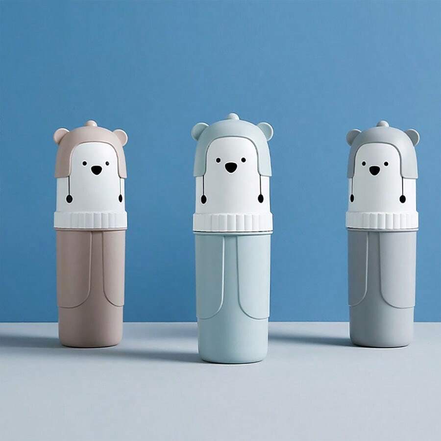 1pc Pink Cartoon Bear Shaped Toothbrush Holder And Rinse Cup Set - Pink - View 1