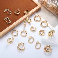 Yanxyad 9 Pairs Gold Clip-On Earrings, Vintage Clip-On Earrings For Women, Twisted Triple-Crystal Square Hoop Earrings, Geometric Clip-On Earrings, Clip-On Fake Earrings Without Piercing - Gold - View 2