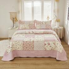 Brandream Pink Rose Floral Patchwork Quilts Cotton Queen Size Quilted Comforter Set Rustic Country Coverlet Bedspread Set 3-Piece - 粉色 - 查看 3