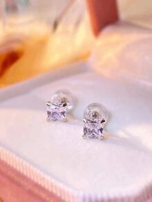 1 对四爪方形精致耳钉情人节礼物女士 S925 纯银精美女士珠宝礼物生日礼物