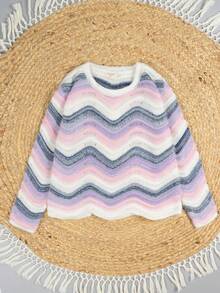 Women's Fashion Pullover With Curved Wave Multicolor Cheuron Print - Purple - View 7