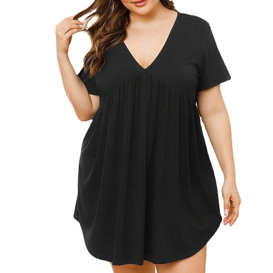 1件大尺碼女式短袖v領睡衣裙,夏季休閒服裝