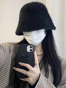 女士黑色毛絨可愛漏斗帽1個 - 黑色 - 查看 3