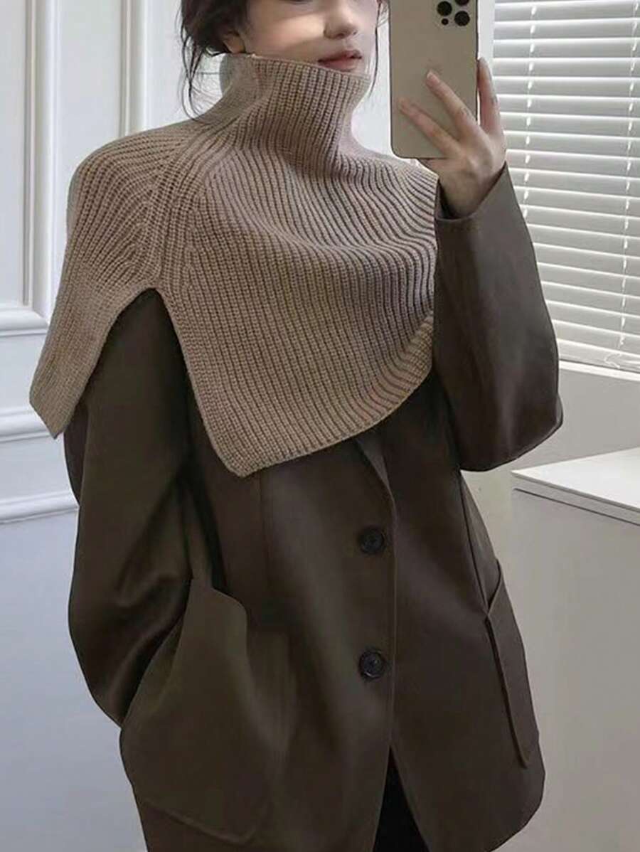 1條女式針織圍巾,冬季保暖頭巾戶外圍巾,純色針織披肩 - 卡其色 - 查看 1