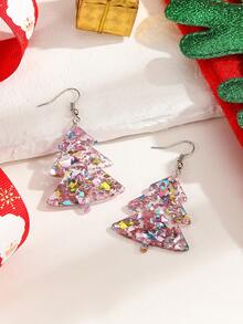 1pair Christmas Tree Shaped Glitter Dangle Earrings - Pink - View 3