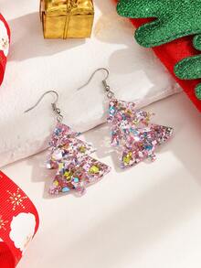 1pair Christmas Tree Shaped Glitter Dangle Earrings - Pink - View 2
