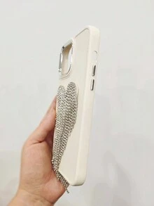 1pc Silver Color Bling Rhinestone Heart Pendant Fringe Phone Case, Compatible With Iphone 11 14pro Max - Beige - View 5