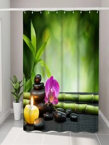 1入組紫色薰衣草蠟燭和黑色石頭數字印花防水防霉淋浴簾。 - 彩色 - 查看 2