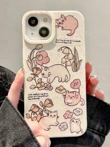 Summer 1pc White Case With Cat Playing Flower Design Compatible With Iphone