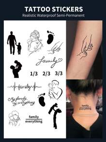 1套家庭主題多元素紋身貼紙,適用於手臂和手腕的假紋身貼紙 - 黑色 - 查看 1