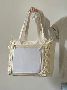 Large Capacity Women's Bag, New Design Bow Knot Strap Transparent Cute Sweet Bucket Bag, Commuter Shoulder Tote Bag Kawaii Cute Ita Tote Bag,Women's Sweet Clear Handbag & Purse