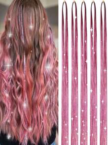 粉色頭髮閃片套件附工具和珠子,1000蓬鬆髮絲,長48英寸閃粉頭髮延伸 - 粉色 - 查看 1