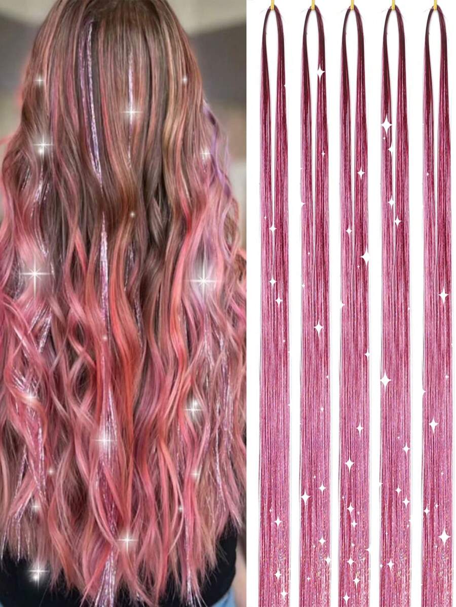 粉色頭髮閃片套件附工具和珠子,1000蓬鬆髮絲,長48英寸閃粉頭髮延伸 - 粉色 - 查看 1