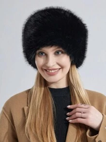 1件成人女性毛皮帽,配有狐狸毛頂部,適用於秋冬季節的戶外保暖和時尚外觀,適合日常使用 - 黑色 - 查看 1