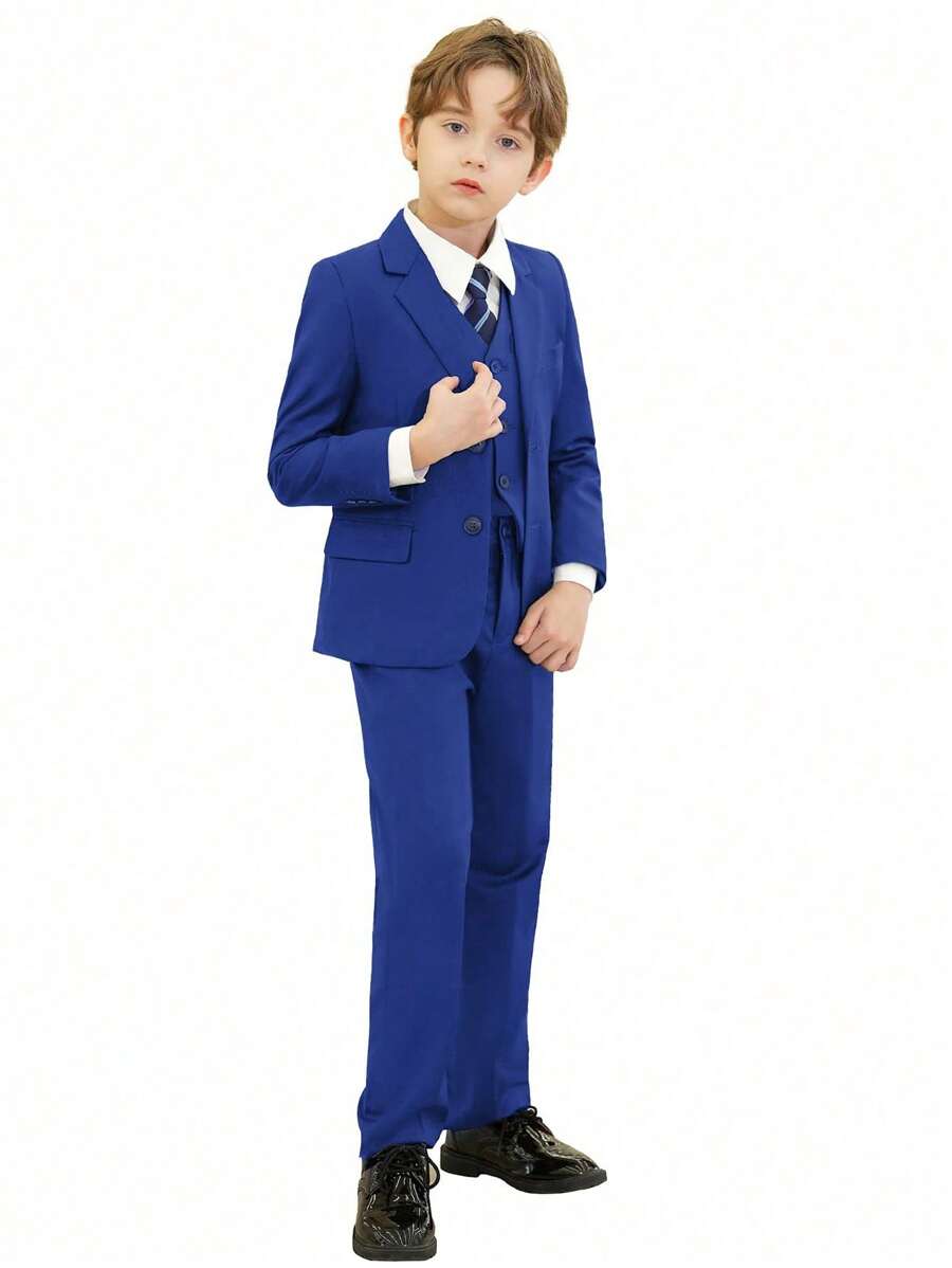 返校季青少年男童西装五件套 - 西装、马甲、裤子、衬衫、领带(宝蓝色) - 寶藍色 - 查看 1