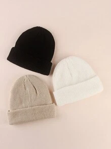 3 件装男女通用儿童纯色针织保暖便帽，日常穿着，适合幼儿和儿童 - 查看 4