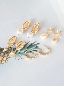 4pairs/Set Bohemian Style Seashell Pearl Conch Starfish Earrings Set For Jewelry Making - Shell Pearl Earring Set - View 3