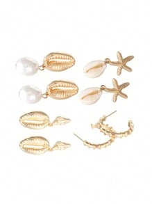 4pairs/Set Bohemian Style Seashell Pearl Conch Starfish Earrings Set For Jewelry Making - Shell Pearl Earring Set - View 4