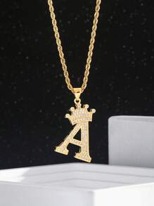 1件 男士時尚分層王冠初字母掛墜不鏽鋼扭轉鍊項鍊,男女適用頸圈,日常裝飾 - 銀色 - 查看 2