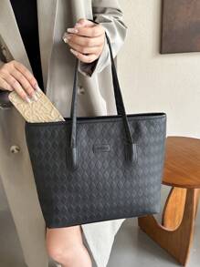 Plaid Pattern Large Capacity Tote Bag For Women,School Bag,Large Capacity,Portable,Classic Casual,Business Casual,For Teen Girls Women College Students,White-Collar Workers,Perfect For Work,Back To School,Middle School,High School,College - Black - View 8