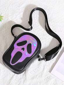 Yogodlns Laser Ghost Patch Shoulder Bag Punk Zipper Crossbody Bag Niche Girls Purse For Gift Ghost Pattern Shoulder Bag, Zipper Crossbody Bag, Casual Purse For Shopping - Mauve Purple - View 2